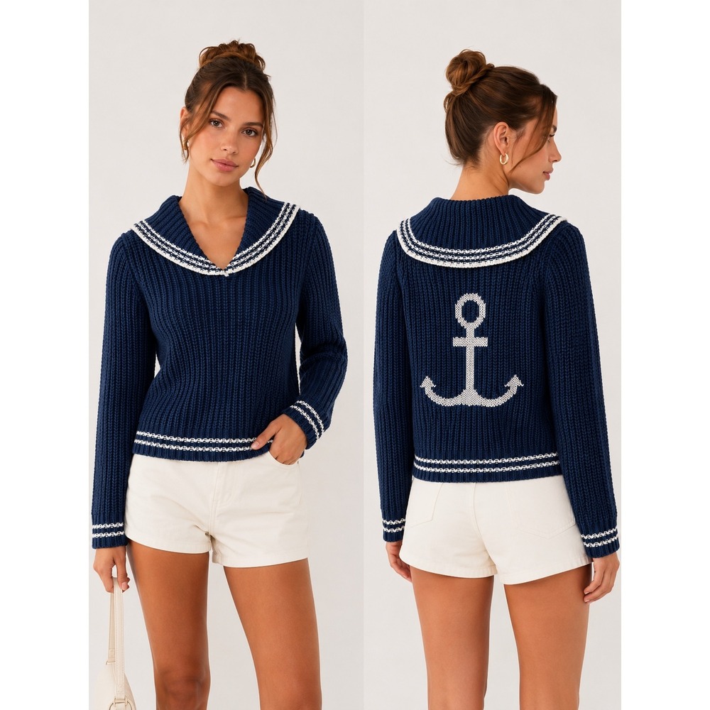 Marled Womens Navy Blue Sailor Collar Anchor Knit Sweater NWT XS